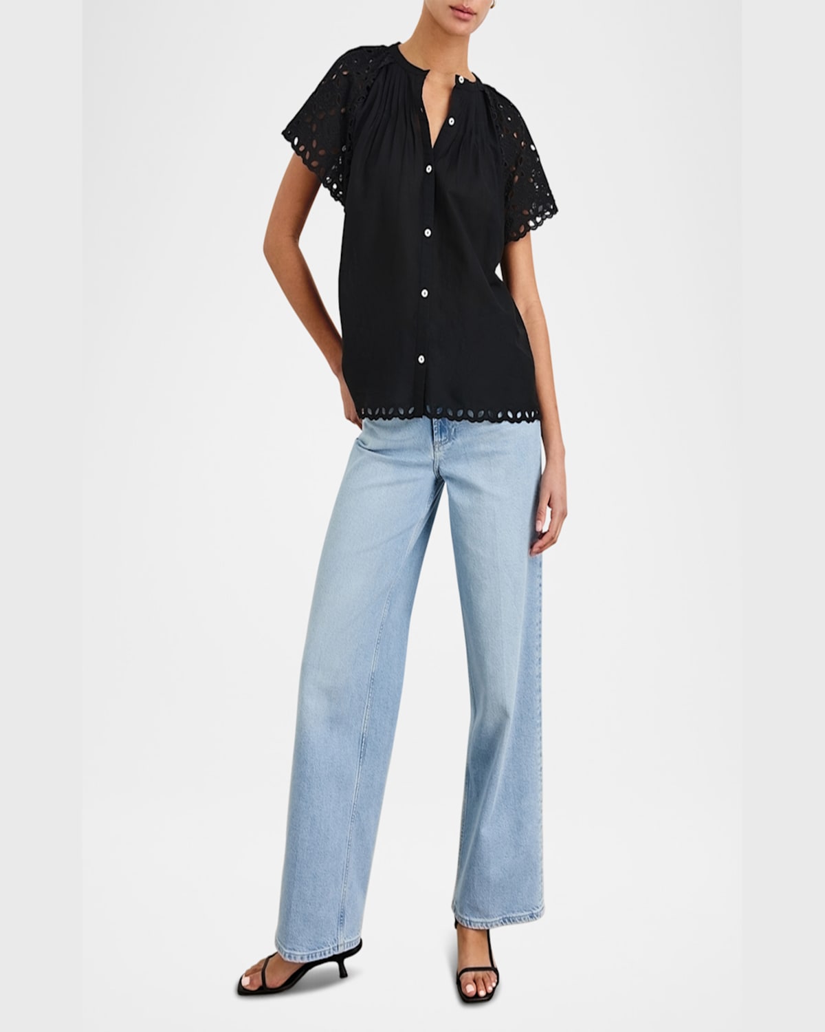 Rails Cerise Eyelet Flutter-sleeve Blouse In Black