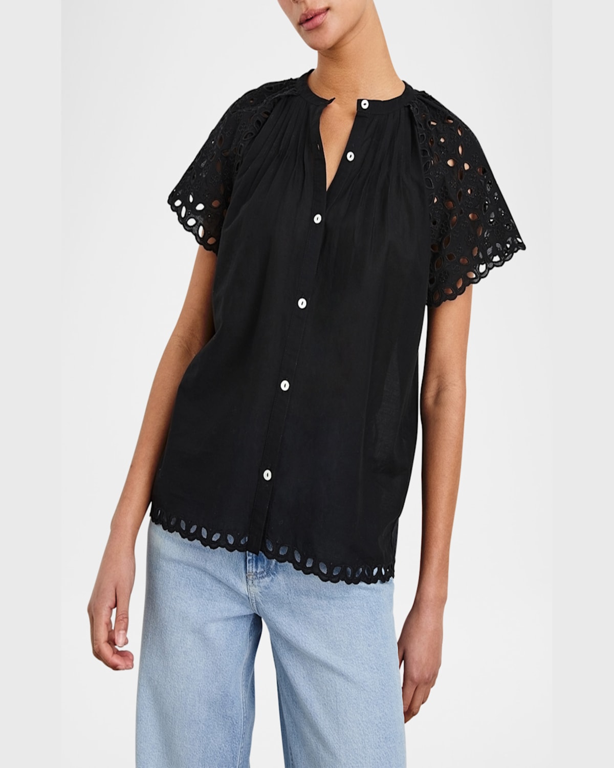 Rails Cerise Eyelet Flutter-sleeve Blouse In Black