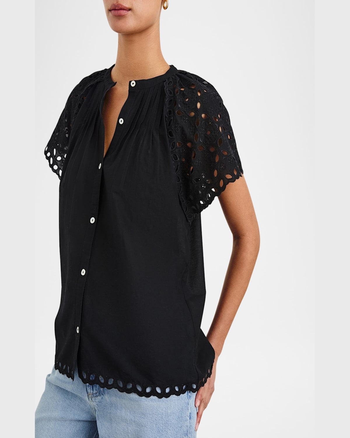Rails Cerise Eyelet Flutter-sleeve Blouse In Black