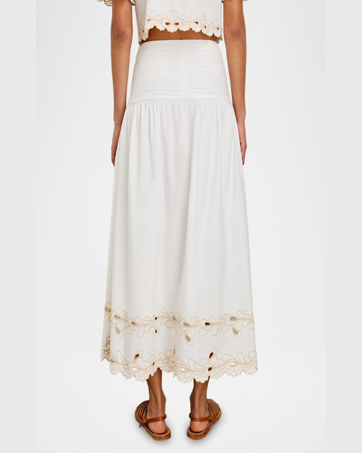 Rails Sol Embroidered Gathered Drop-waist Midi Skirt In White