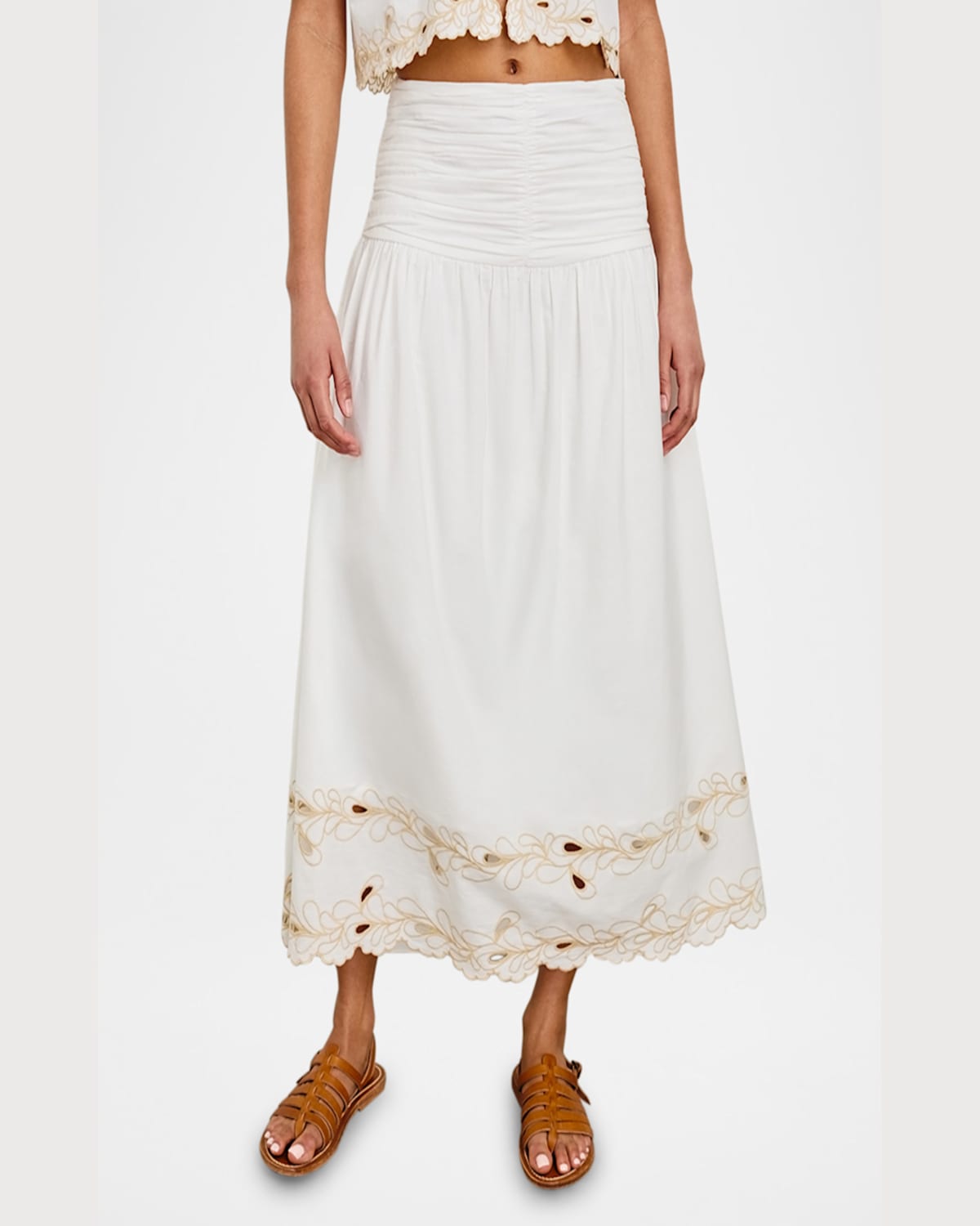 Rails Sol Embroidered Gathered Drop-waist Midi Skirt In White