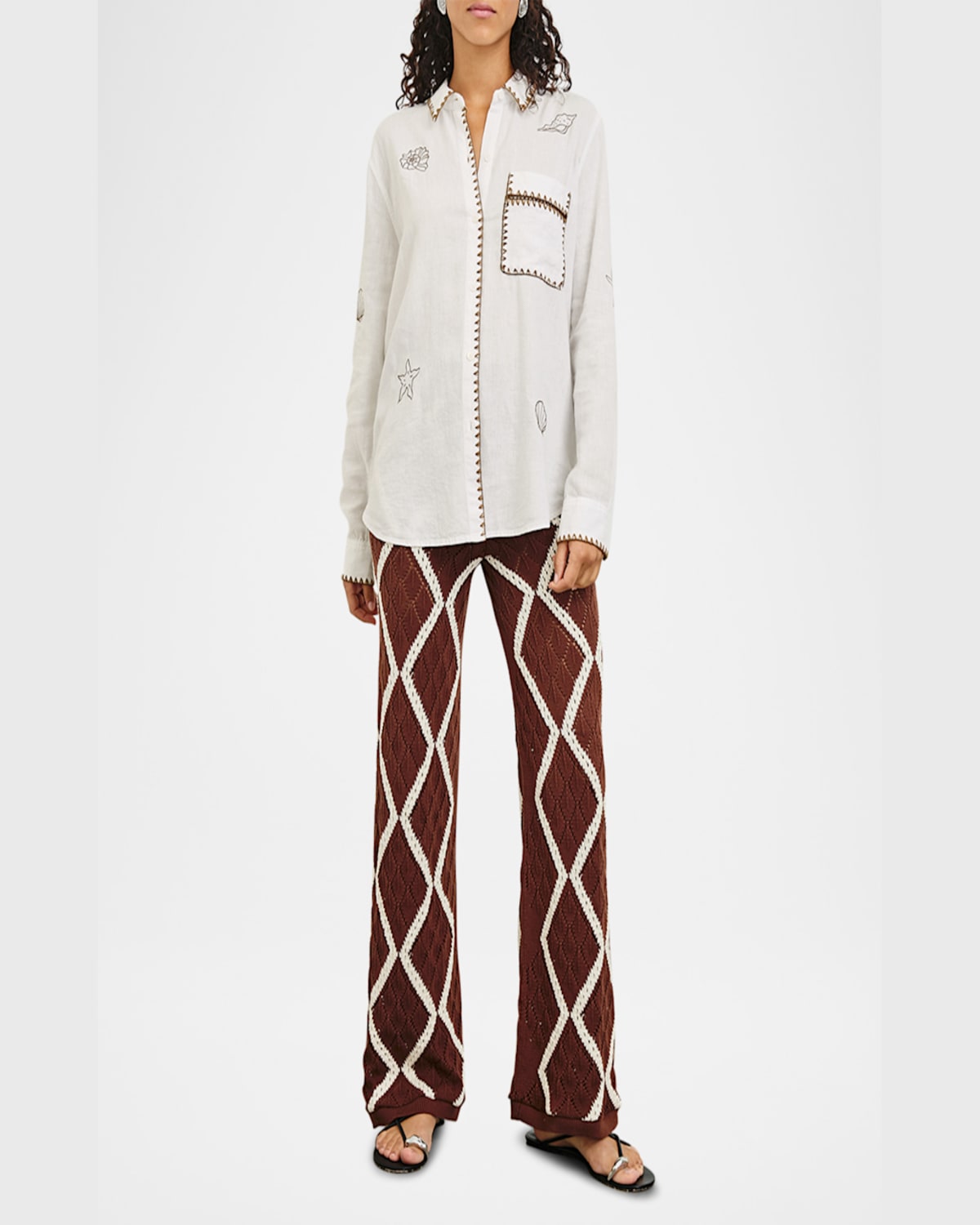 Rails Saya Embroidered Detail Linen Blend Button-up Shirt In White Marine Embroidery
