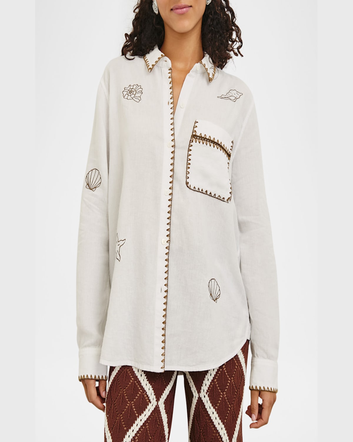 Rails Saya Embroidered Detail Linen Blend Button-up Shirt In White Marine Embroidery