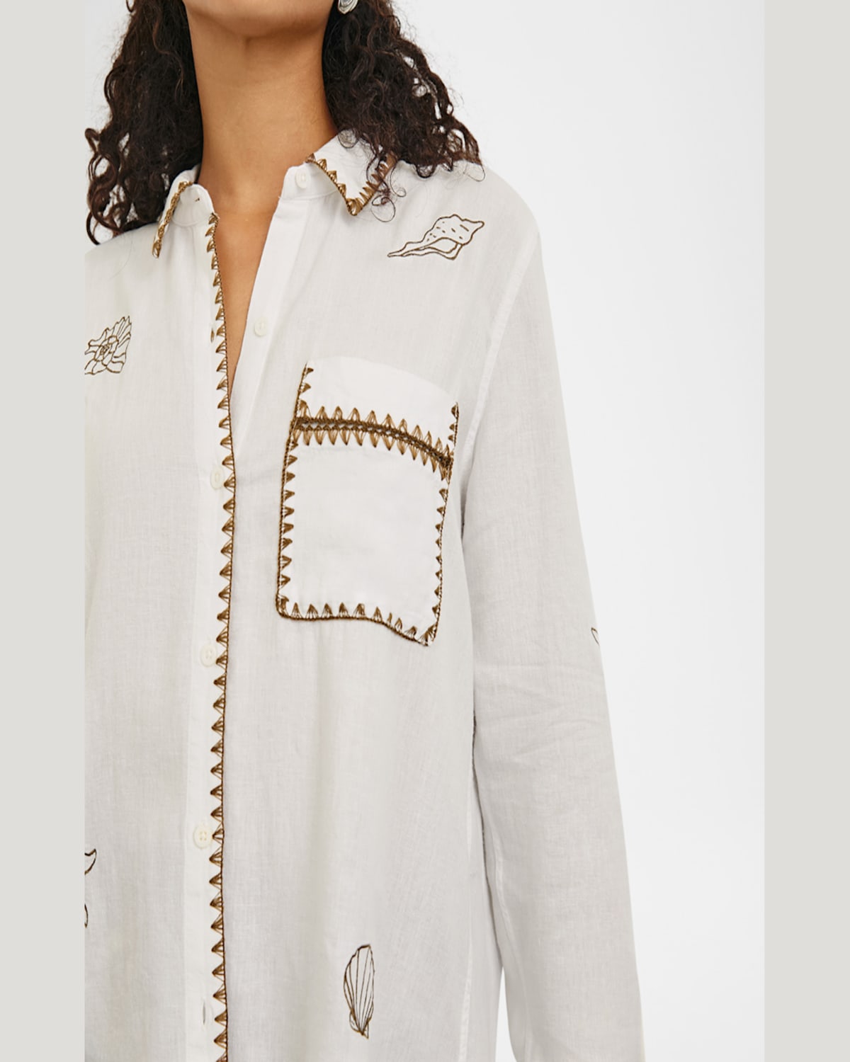 Rails Saya Embroidered Detail Linen Blend Button-up Shirt In White Marine Embroidery