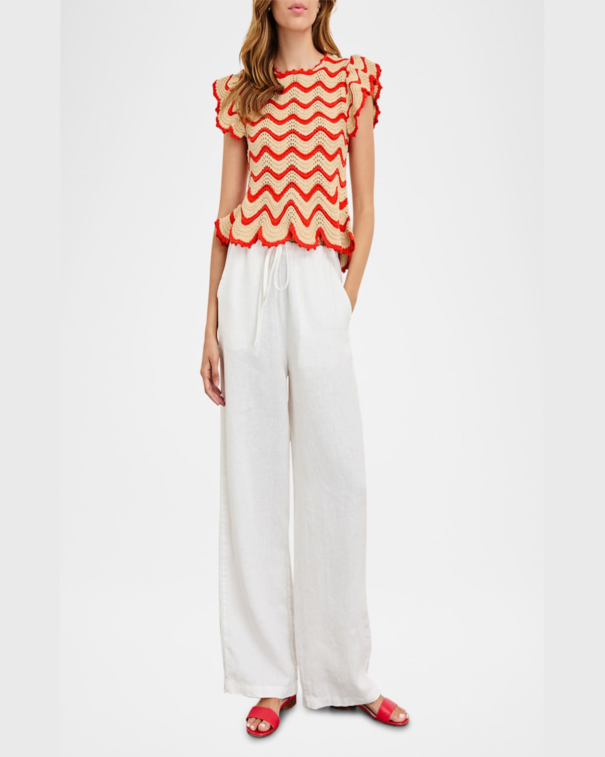 Rails Coen Crochet Flutter-sleeve Top In Cherry Oat Stripe