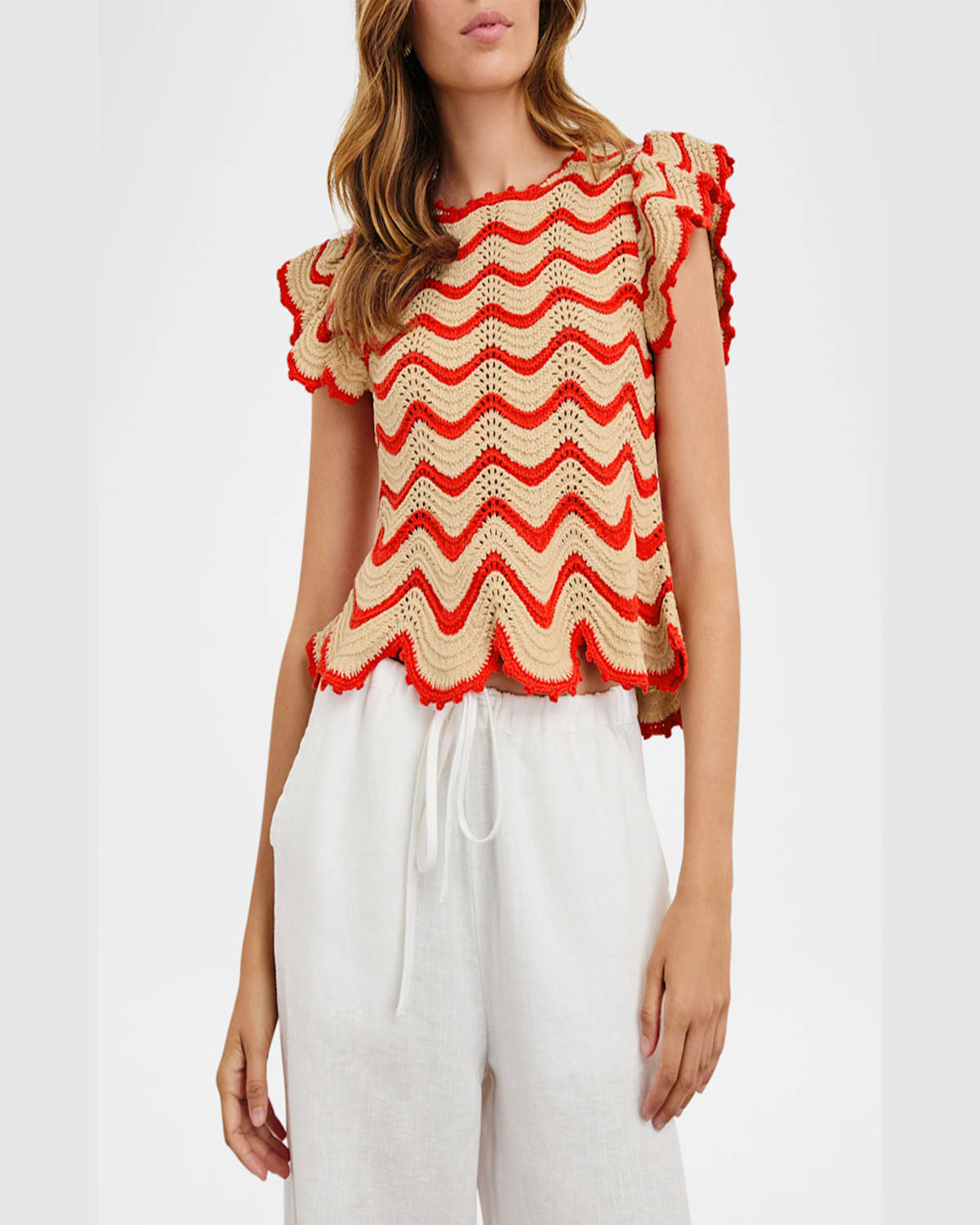 Rails Coen Crochet Flutter-sleeve Top In Cherry Oat Stripe