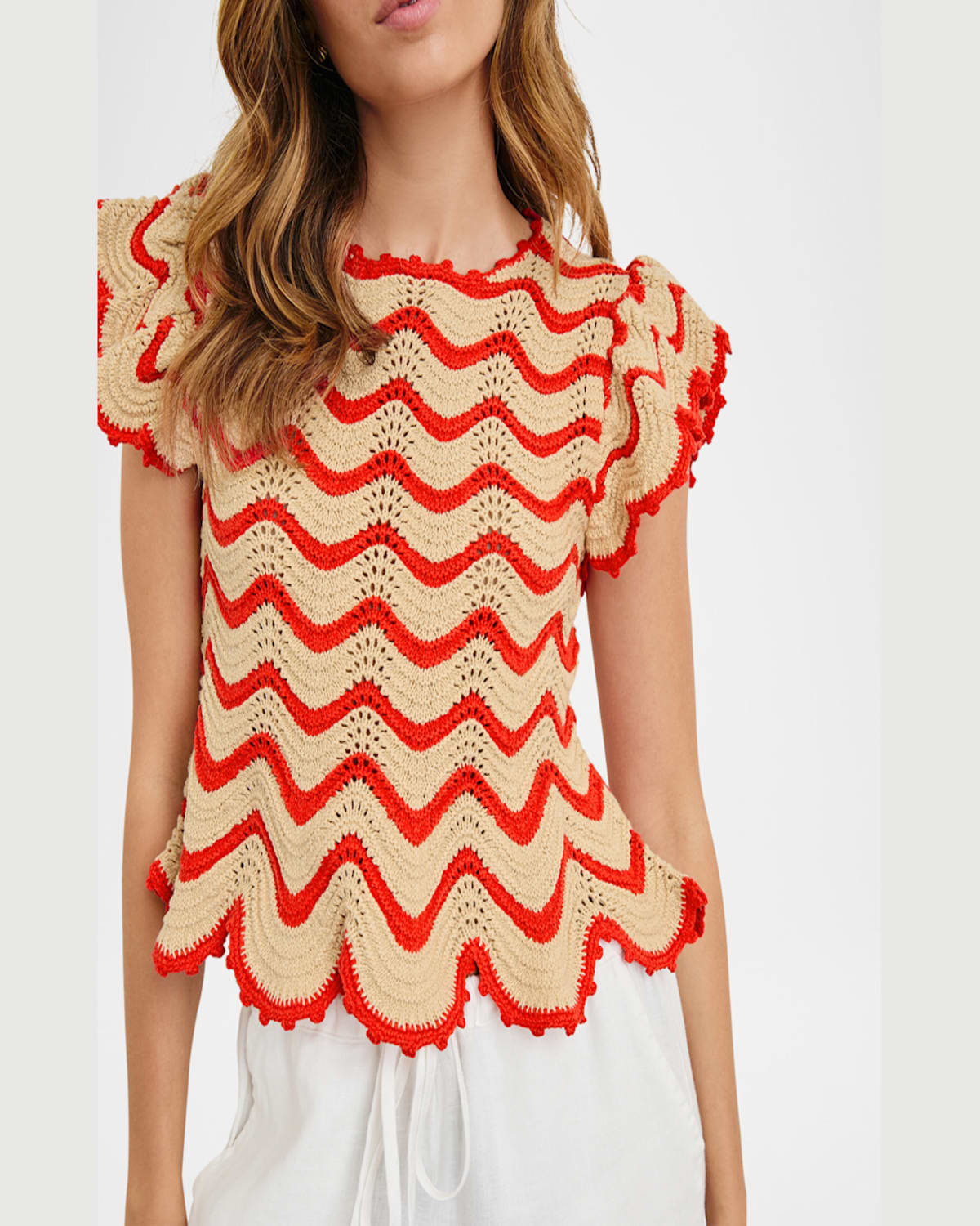 Rails Coen Crochet Flutter-sleeve Top In Cherry Oat Stripe