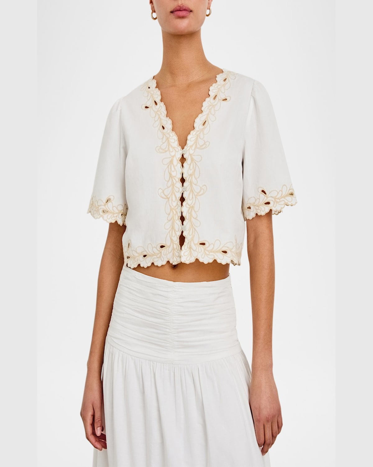 Rails Cataluna Short-sleeve Embroidered Cropped Top In White
