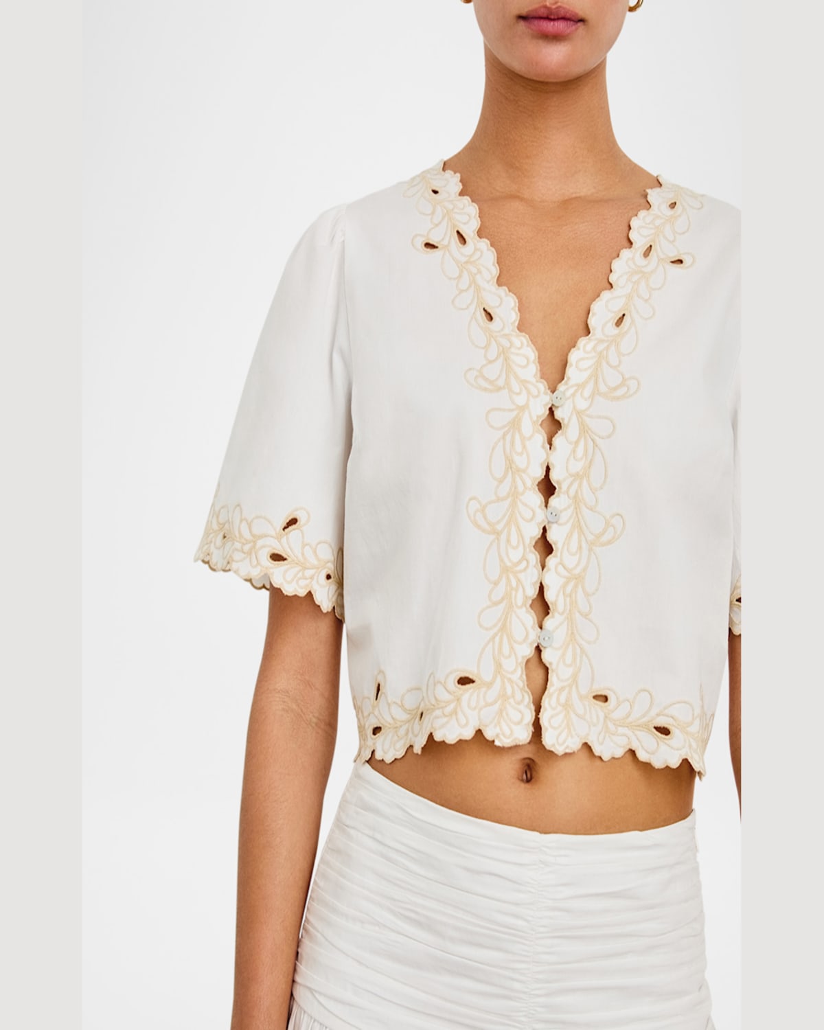 Rails Cataluna Short-sleeve Embroidered Cropped Top In White