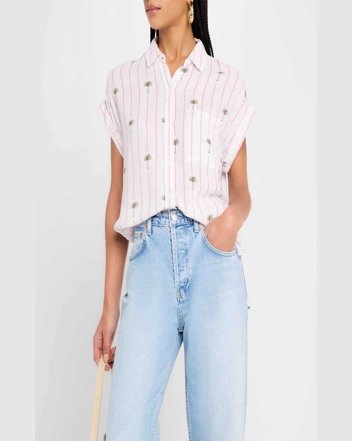Rails Whitney Striped Palm Button-front Blouse In Pink Palm Stripe
