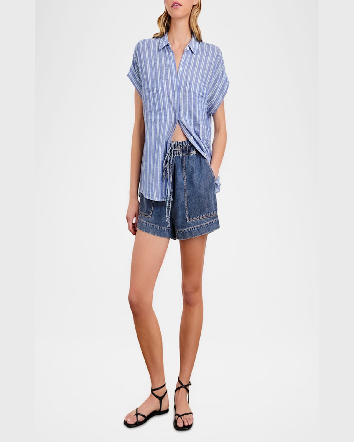 Rails Cito Stripe Short Sleeve Linen Blend Button-up Shirt In Lake View Stripe