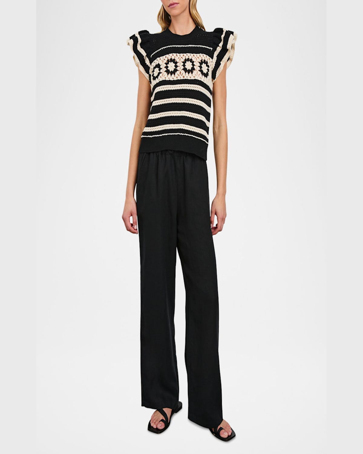 Rails Penelope Short Sleeve Open Stitch Sweater In Black Ivory Stripe