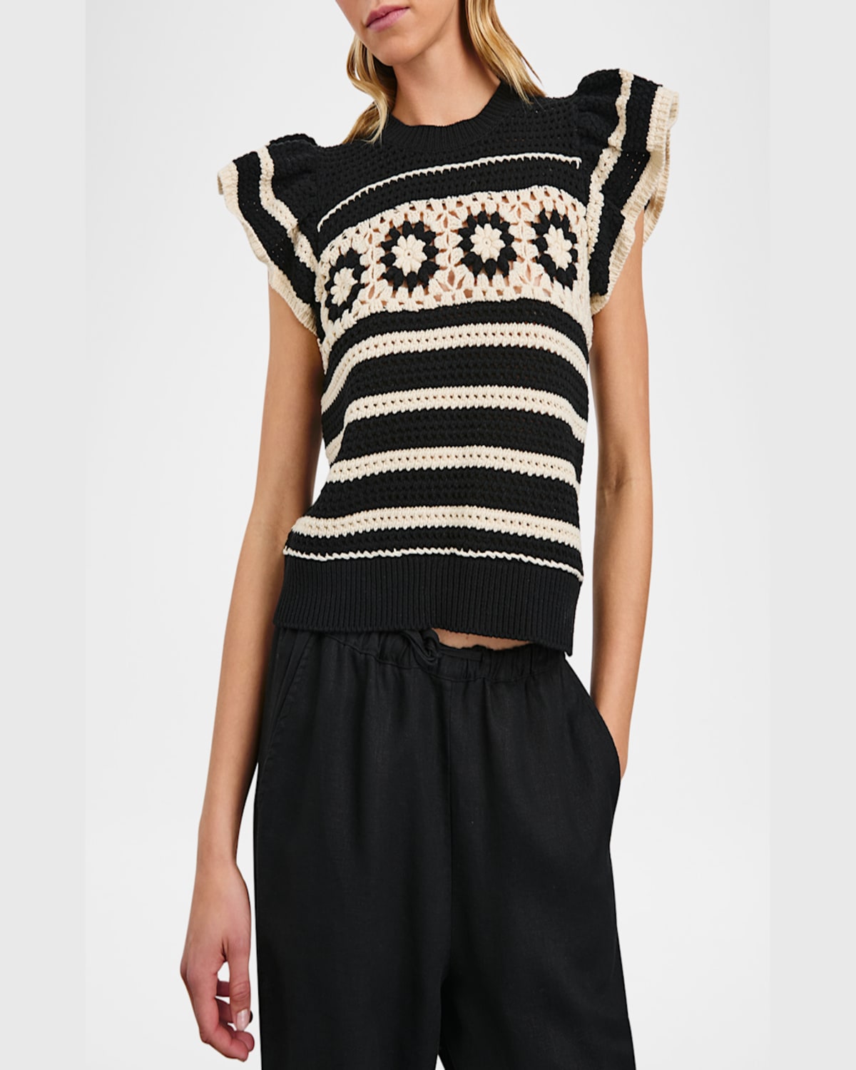 Rails Penelope Short Sleeve Open Stitch Sweater In Black Ivory Stripe