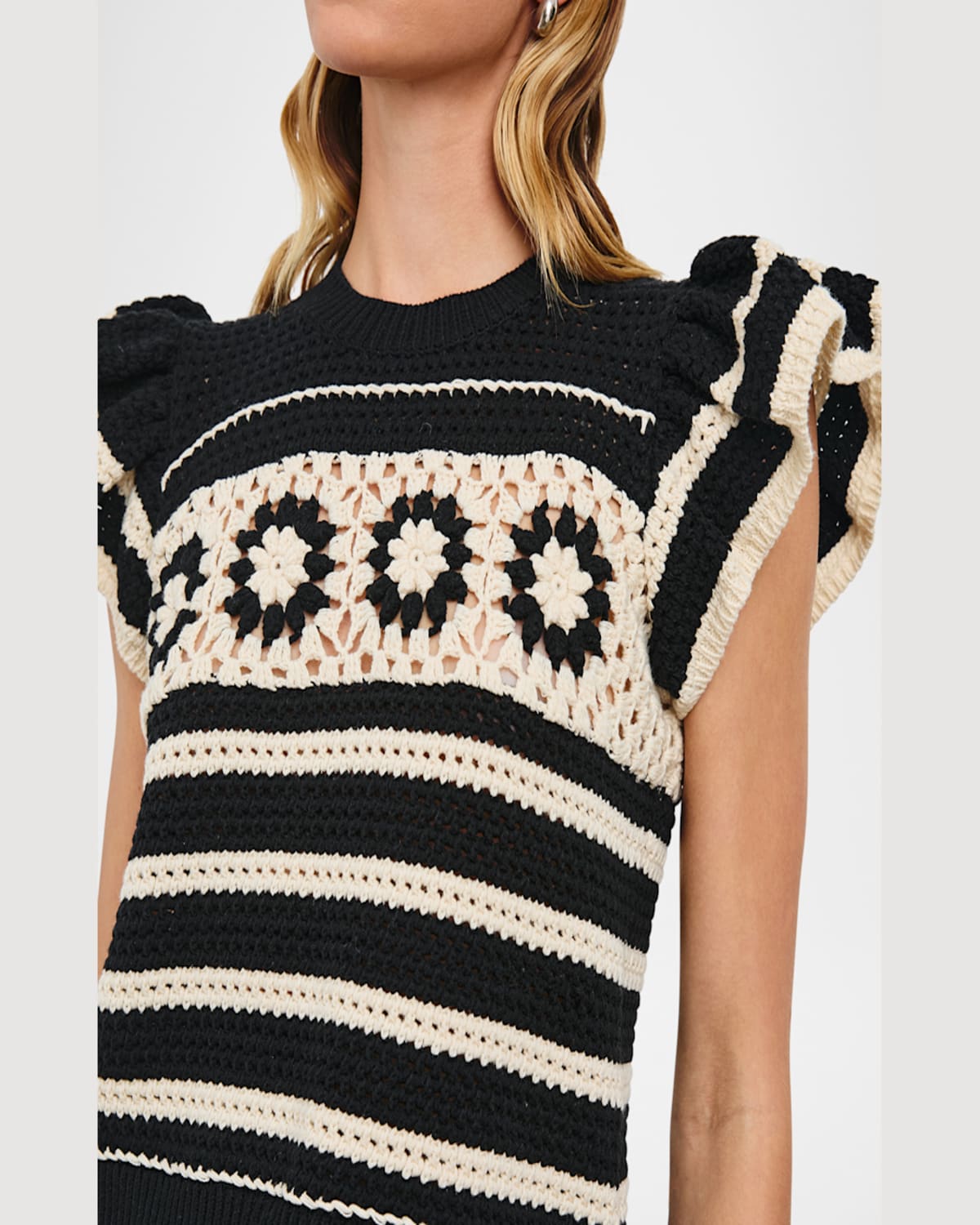 Rails Penelope Short Sleeve Open Stitch Sweater In Black Ivory Stripe
