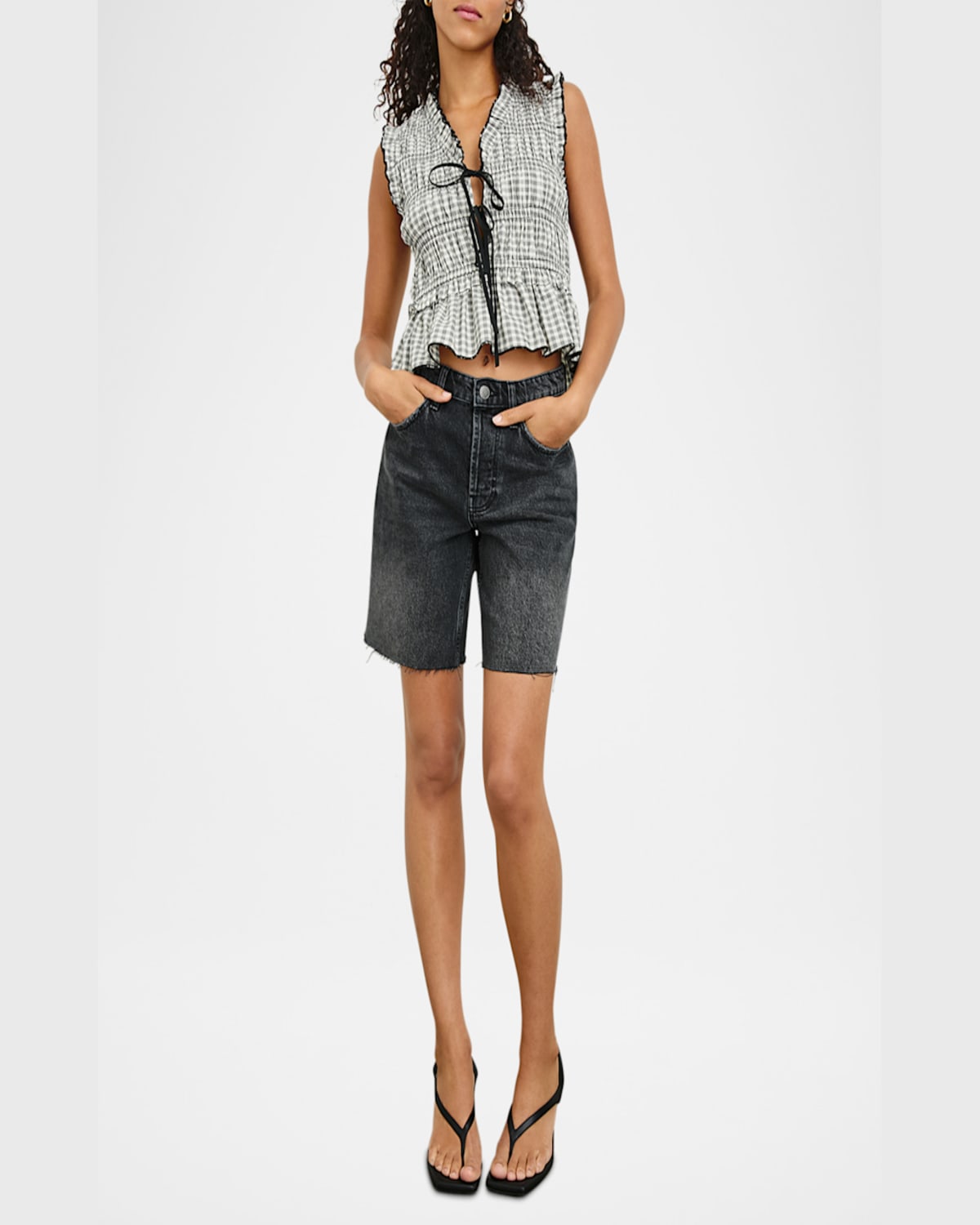 Rails Martine Gingham Smocked Ruffle Crop Top In Ivory Jet Gingham