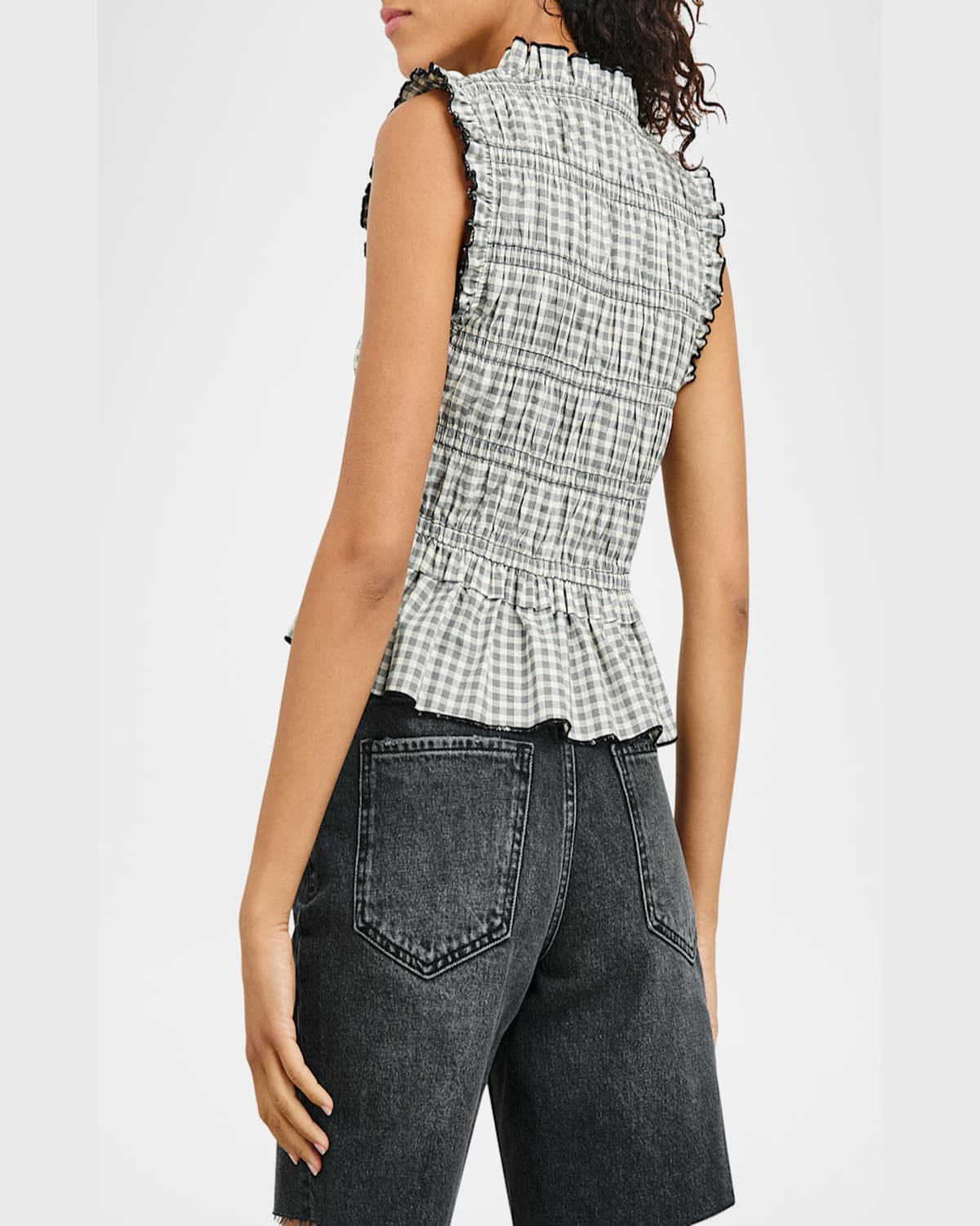 Rails Martine Gingham Smocked Ruffle Crop Top In Ivory Jet Gingham