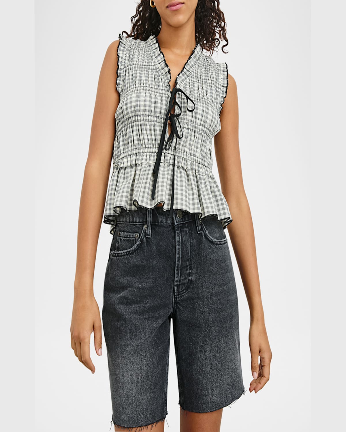 Rails Martine Gingham Smocked Ruffle Crop Top In Ivory Jet Gingham