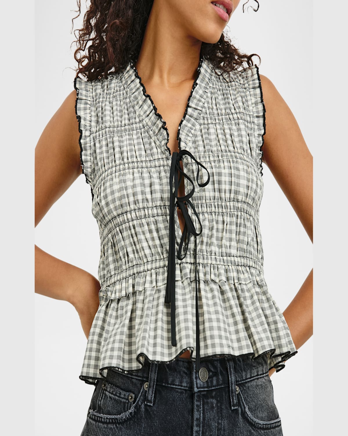 Rails Martine Gingham Smocked Ruffle Crop Top In Ivory Jet Gingham