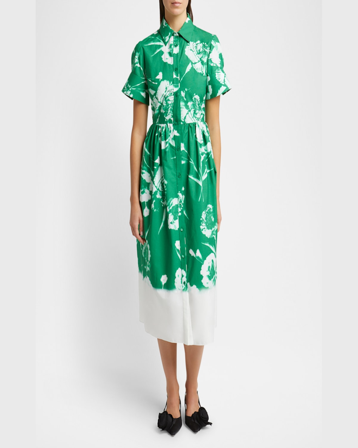 Shop Erdem Carnation-print Cotton Poplin Short-sleeve Midi Shirtdress In Carnation Cyanotype