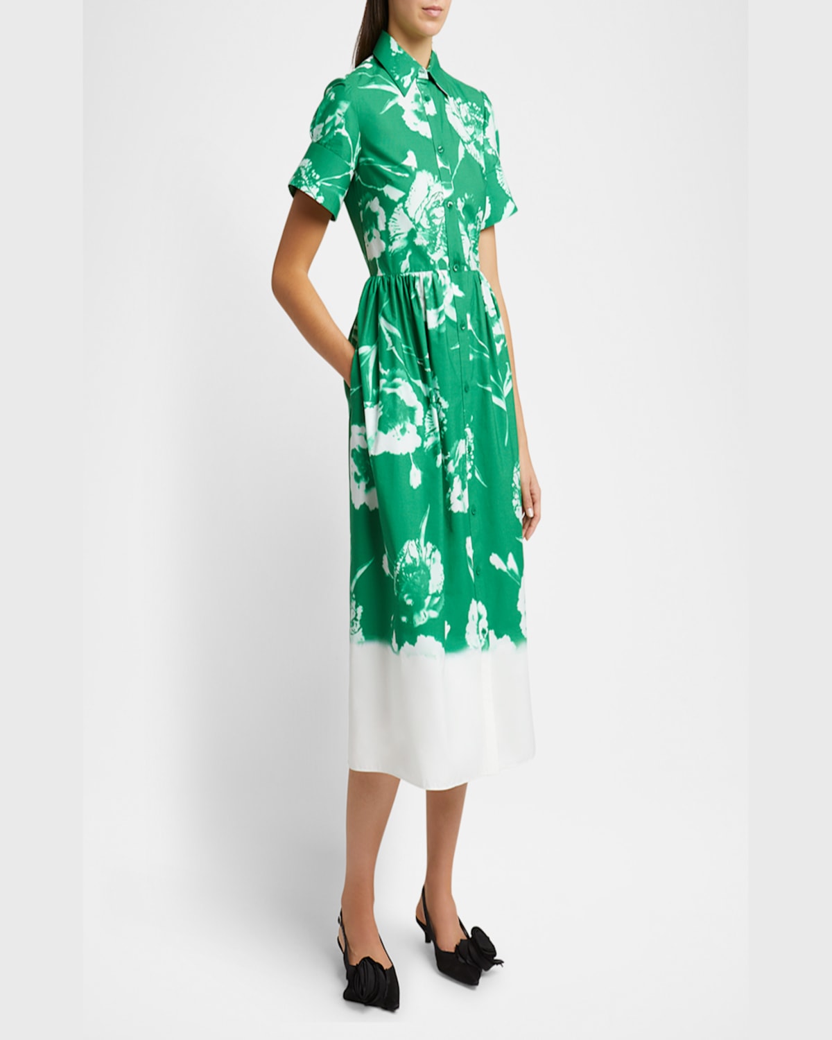 Shop Erdem Carnation-print Cotton Poplin Short-sleeve Midi Shirtdress In Carnation Cyanotype