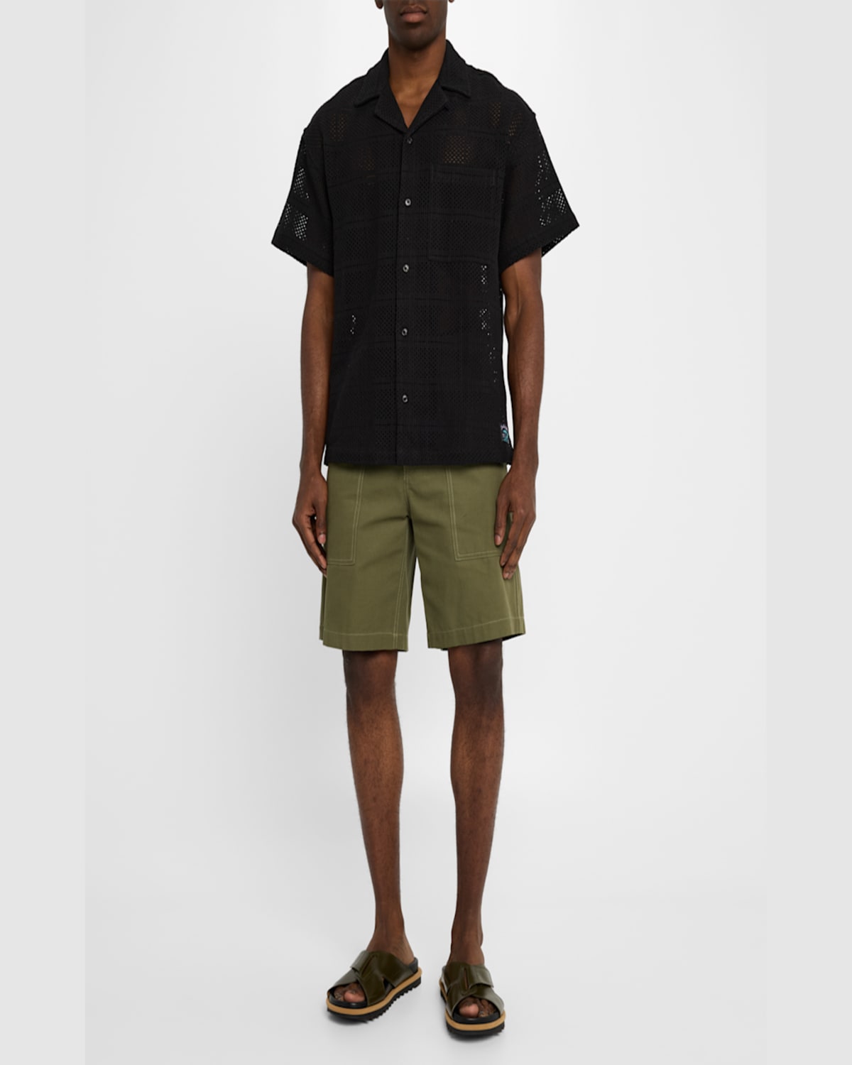 Scotch & Soda Relaxed Fit Open Knit Short Sleeve Button-up Shirt In Washed Black