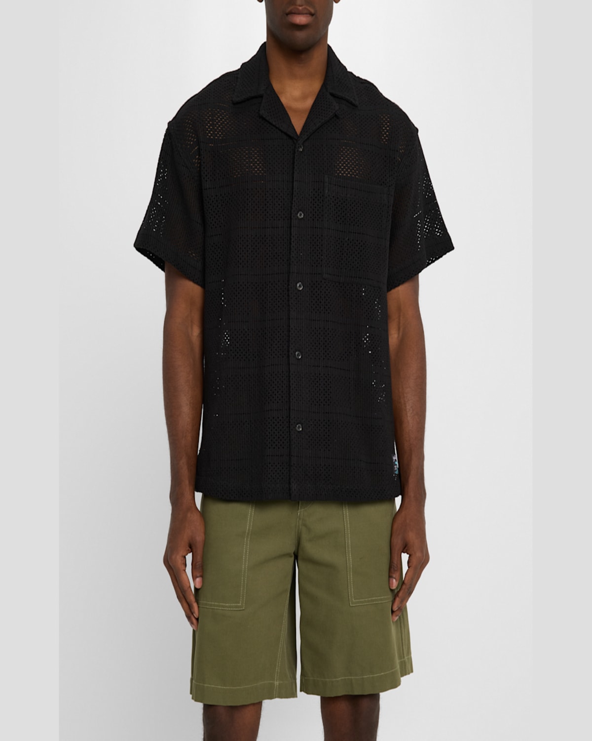 Scotch & Soda Relaxed Fit Open Knit Short Sleeve Button-up Shirt In Washed Black