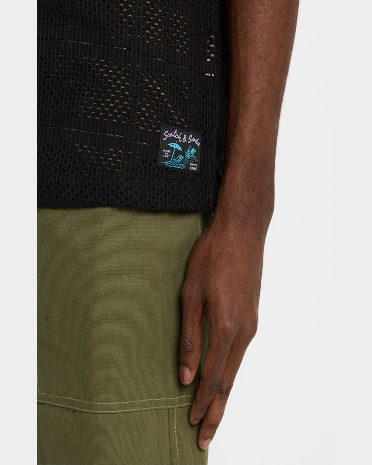 Scotch & Soda Relaxed Fit Open Knit Short Sleeve Button-up Shirt In Washed Black