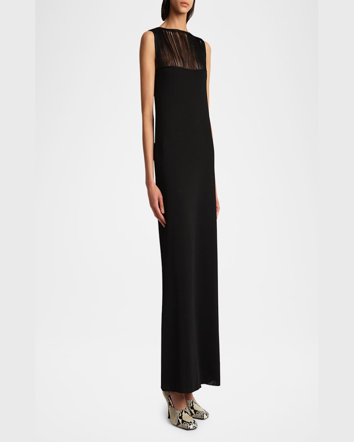 Khaite Ruslan Fringe Yoke Sleeveless Column Gown In Black