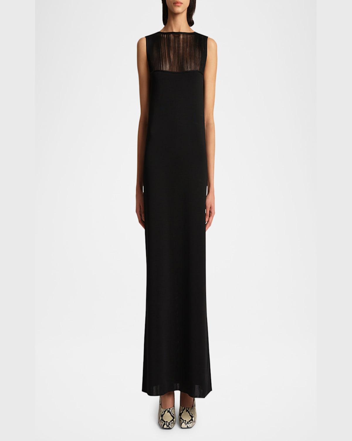 Khaite Ruslan Fringe Yoke Sleeveless Column Gown In Black