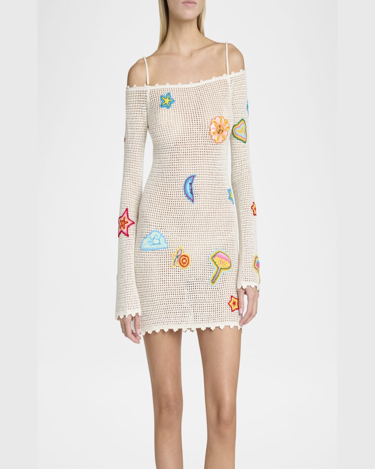 Casablanca Off-the-shoulder Patched Crochet Knit Mini Dress In White