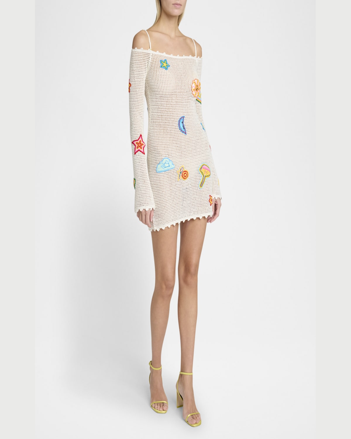 Casablanca Off-the-shoulder Patched Crochet Knit Mini Dress In White