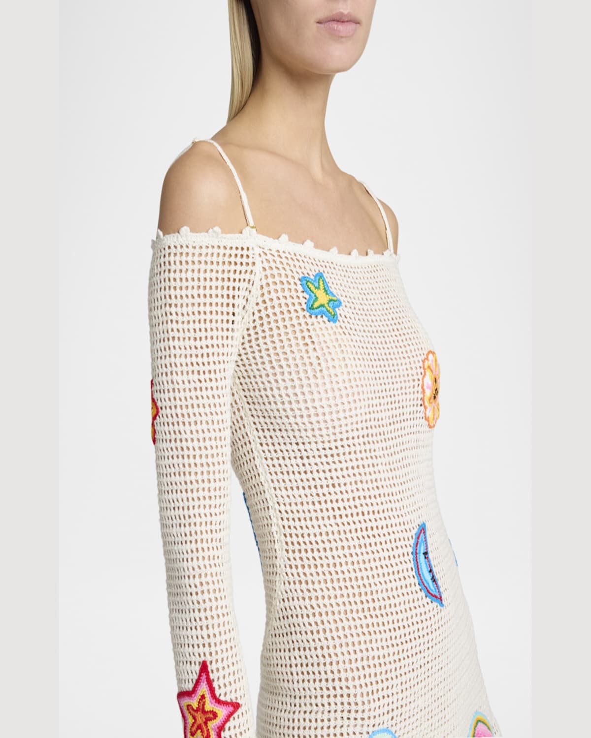 Casablanca Off-the-shoulder Patched Crochet Knit Mini Dress In White