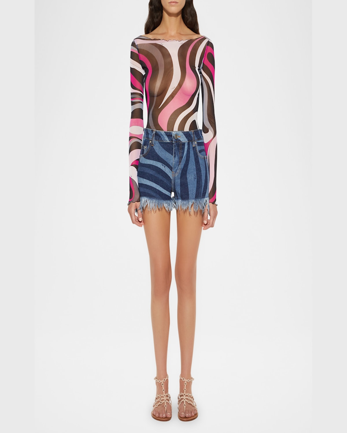 Emilio Pucci Boat-neck Marmo-print Mesh T-shirt In Nero/beige