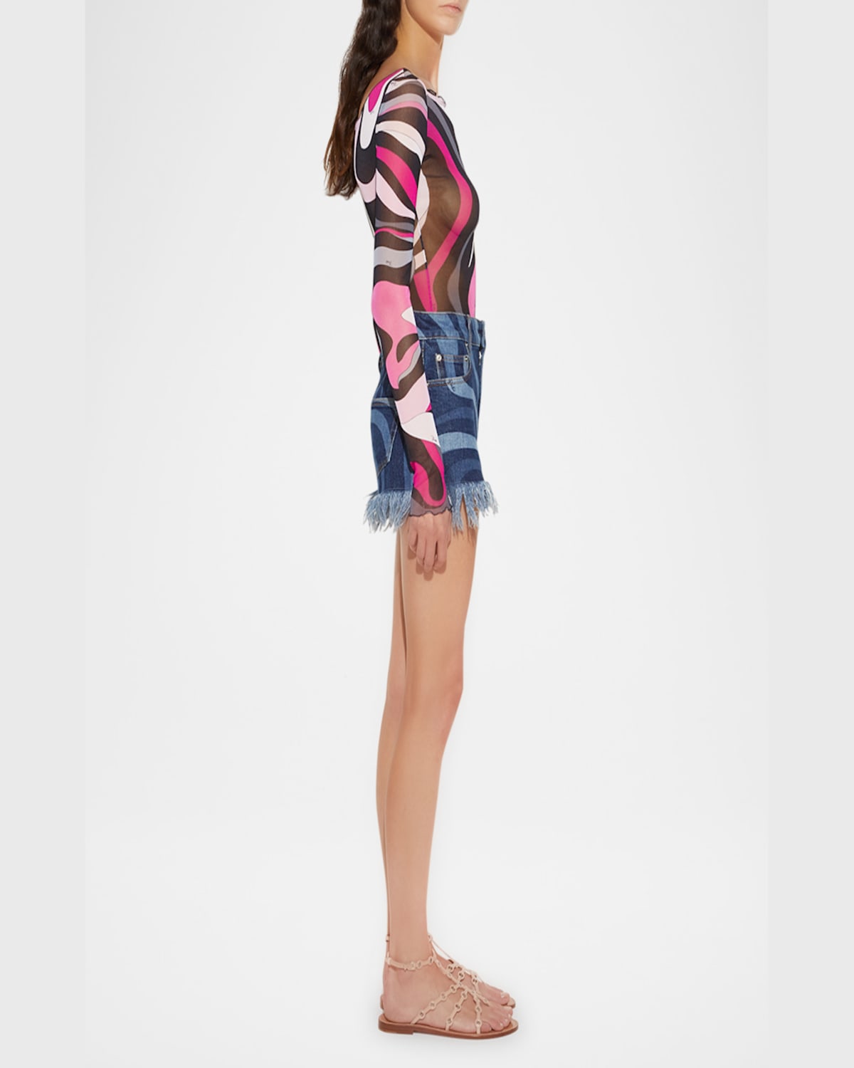 Emilio Pucci Boat-neck Marmo-print Mesh T-shirt In Nero/beige