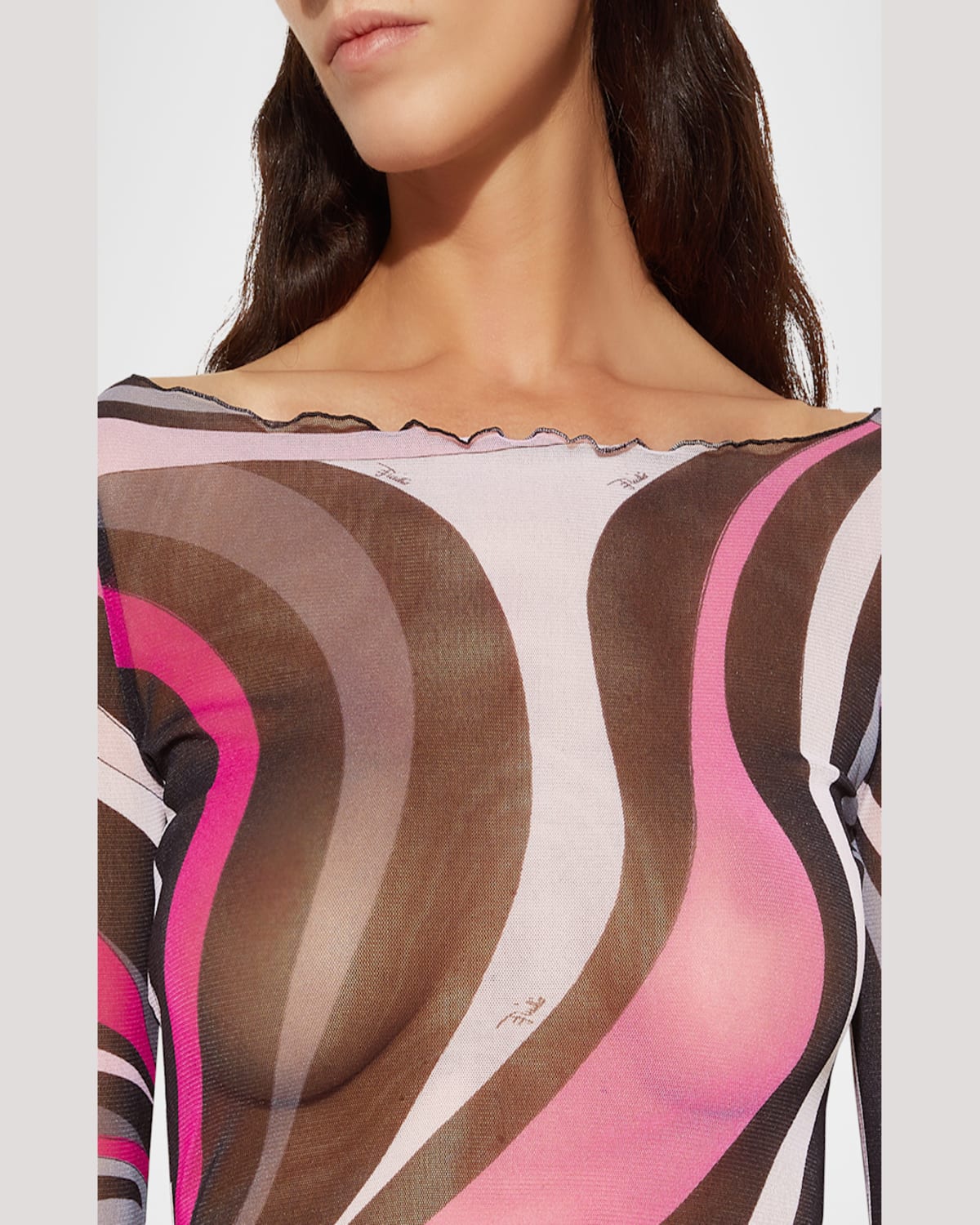 Emilio Pucci Boat-neck Marmo-print Mesh T-shirt In Nero/beige