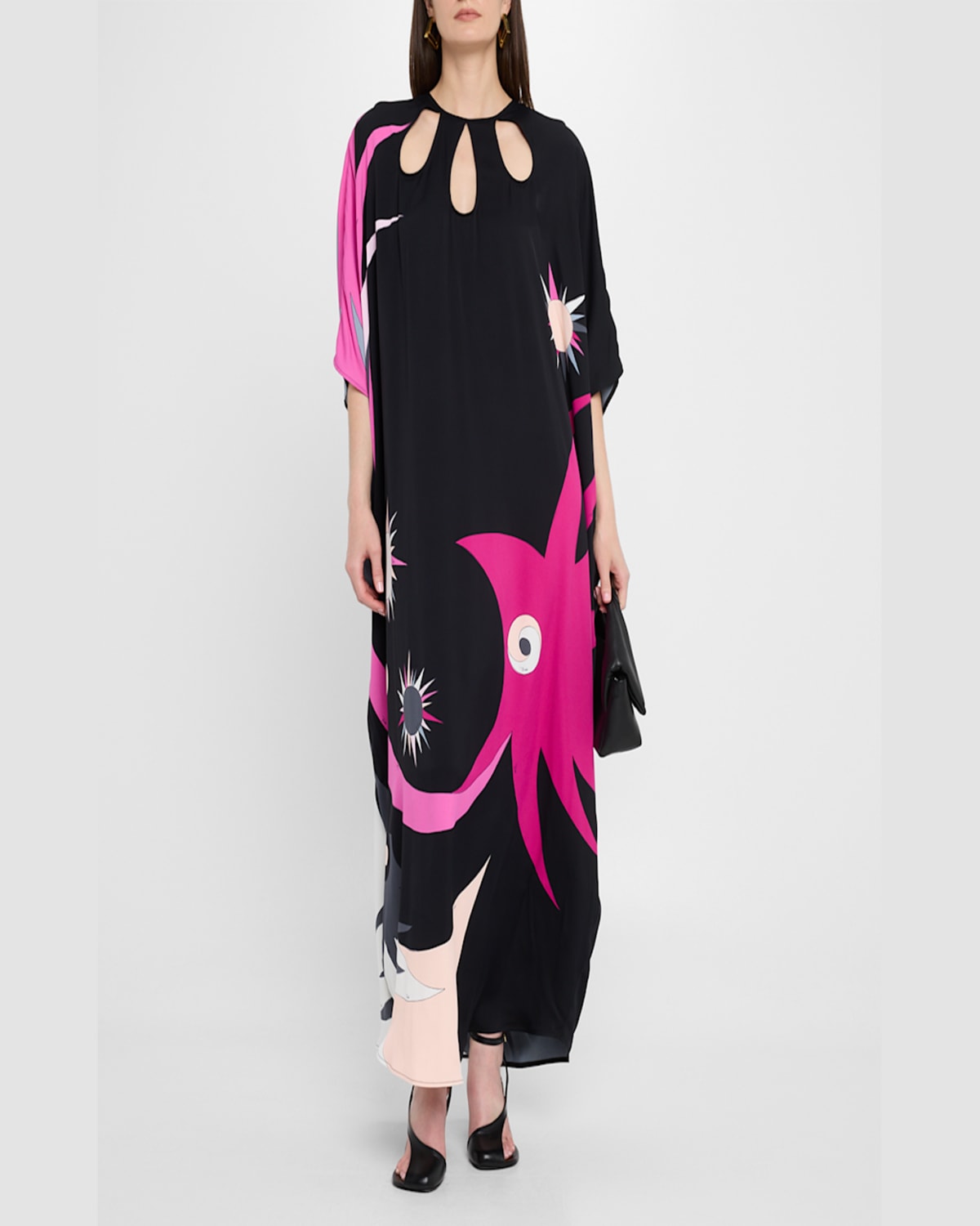 Emilio Pucci Stella-print Cutout Silk Maxi Kaftan In Nero/fuxia
