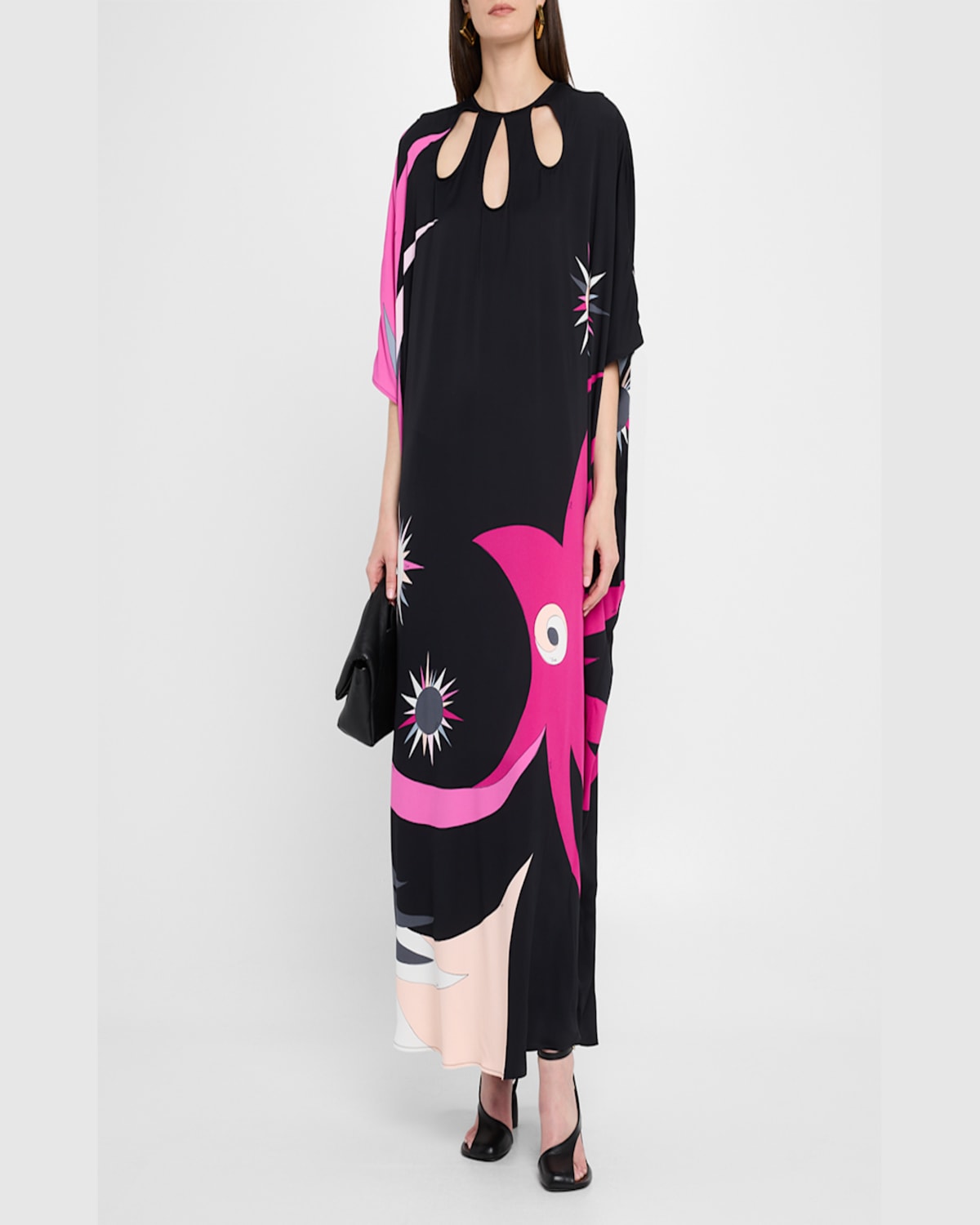 Emilio Pucci Stella-print Cutout Silk Maxi Kaftan In Nero/fuxia