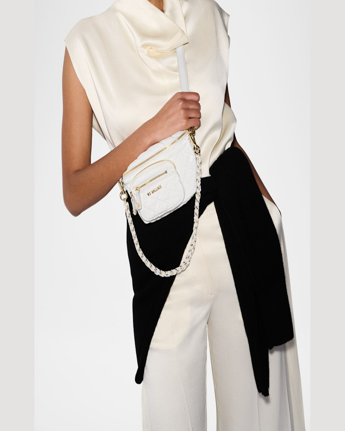 Mz Wallace Micro Crosby Diamond Quilted Nylon Sling Bag In White