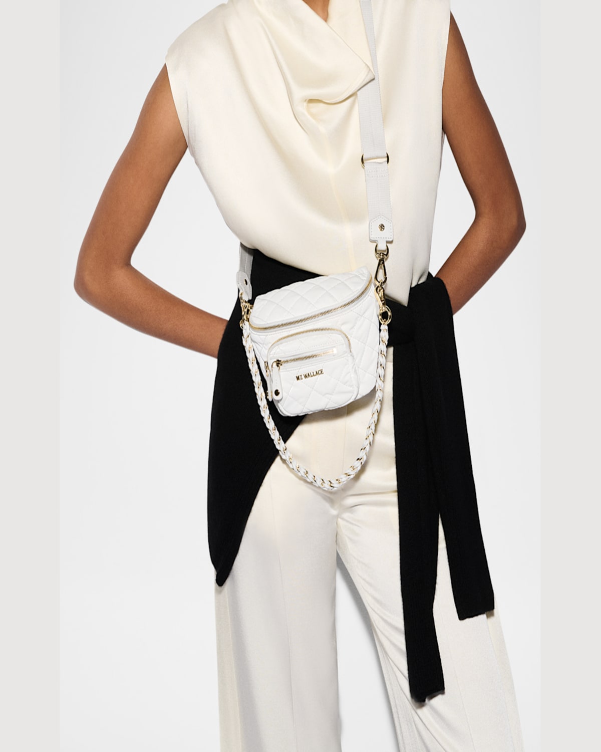 Mz Wallace Micro Crosby Diamond Quilted Nylon Sling Bag In White