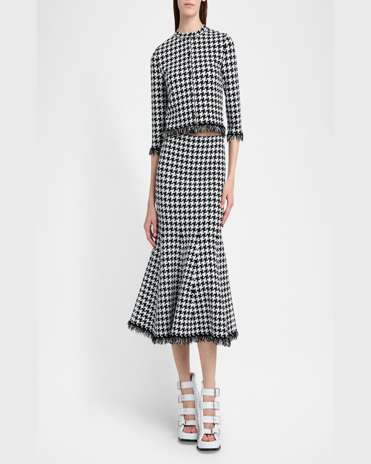 Shop Alexander Mcqueen Houndstooth Fit-&-flare Midi Skirt In Leadivory