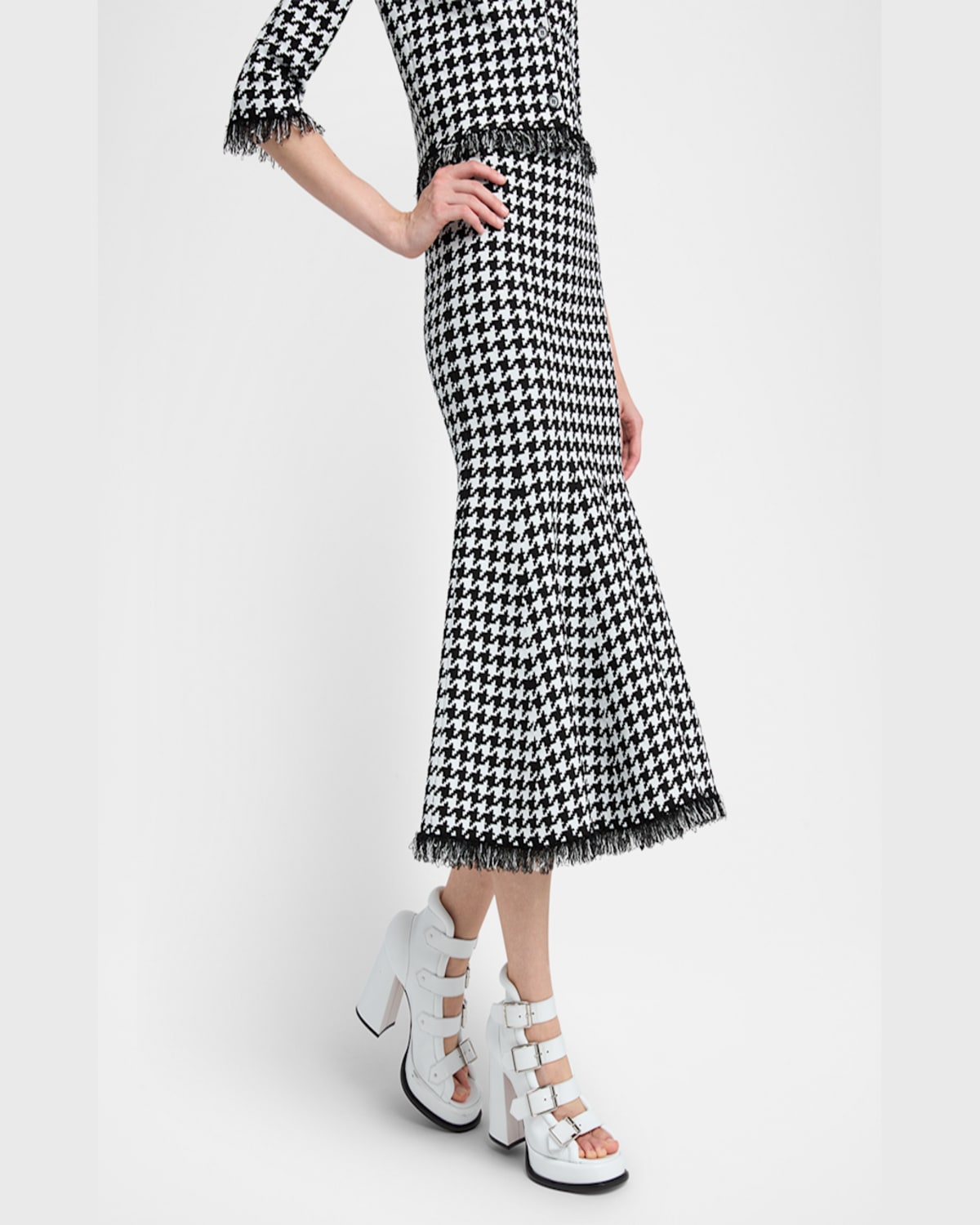 Shop Alexander Mcqueen Houndstooth Fit-&-flare Midi Skirt In Leadivory