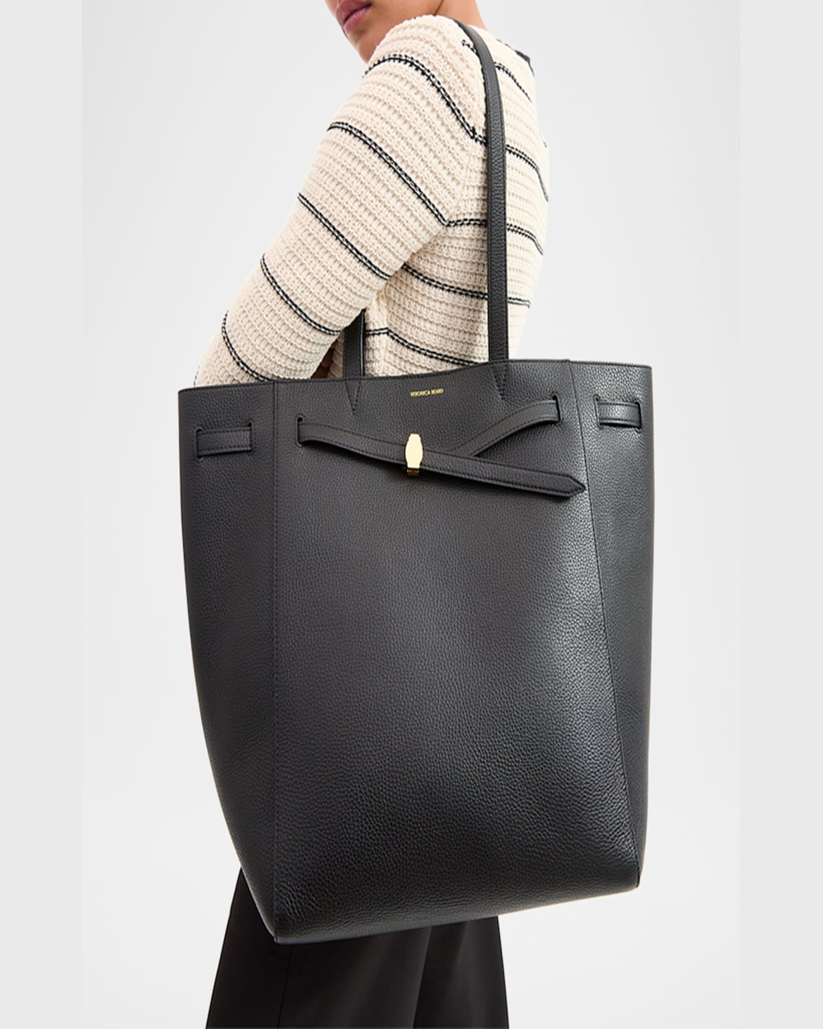 Shop Veronica Beard Dash Belt North-south Leather Tote Bag In Black
