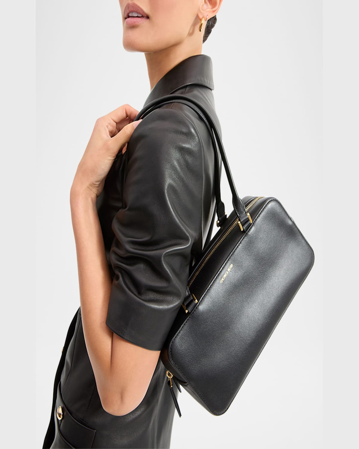 Shop Veronica Beard Boxy Leather Shoulder Bag In Black