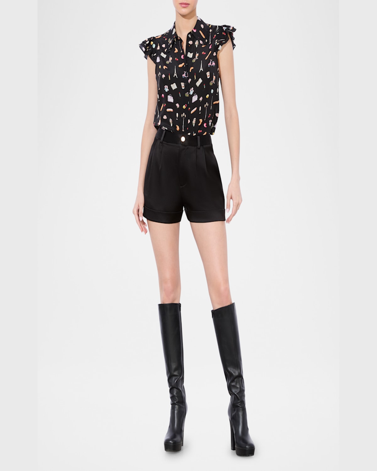 Alice And Olivia Martel Flutter-sleeve Blouse In Black Multi