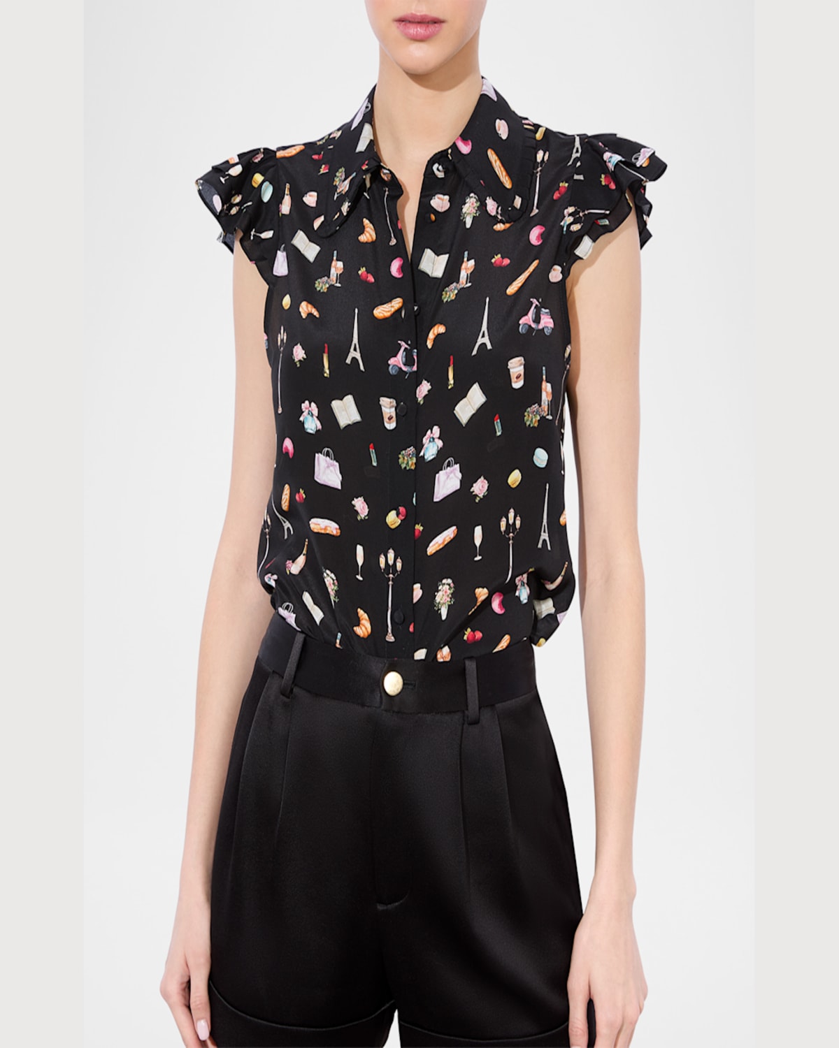 Alice And Olivia Martel Flutter-sleeve Blouse In Black Multi