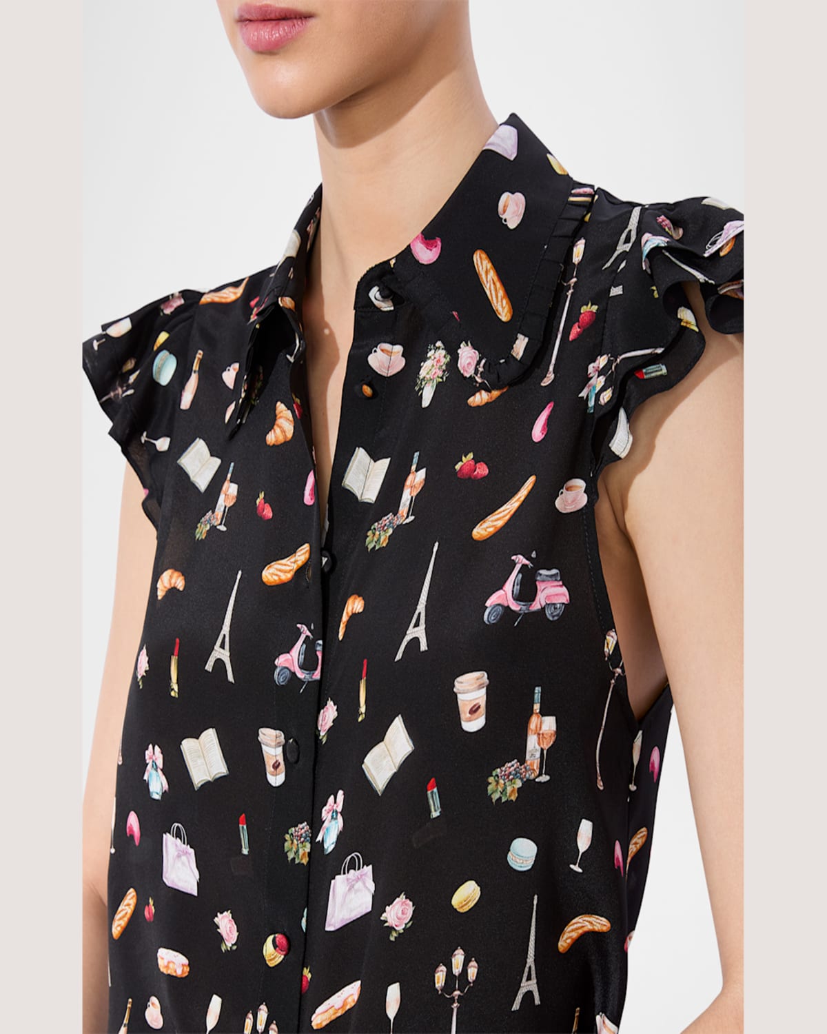 Alice And Olivia Martel Flutter-sleeve Blouse In Black Multi