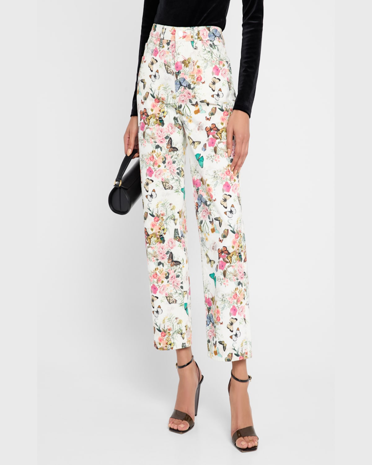 L Agence June Exclusive Print Crop Stovepipe Jeans In Wht Charonda Butterfly
