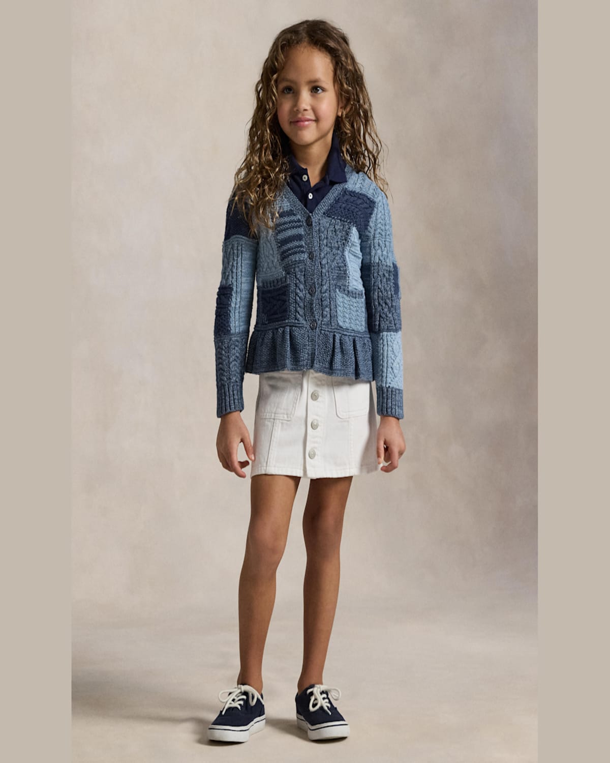 Shop Ralph Lauren Girl's Cotton Patchwork Cardigan Sweater In Blue Heather Multi