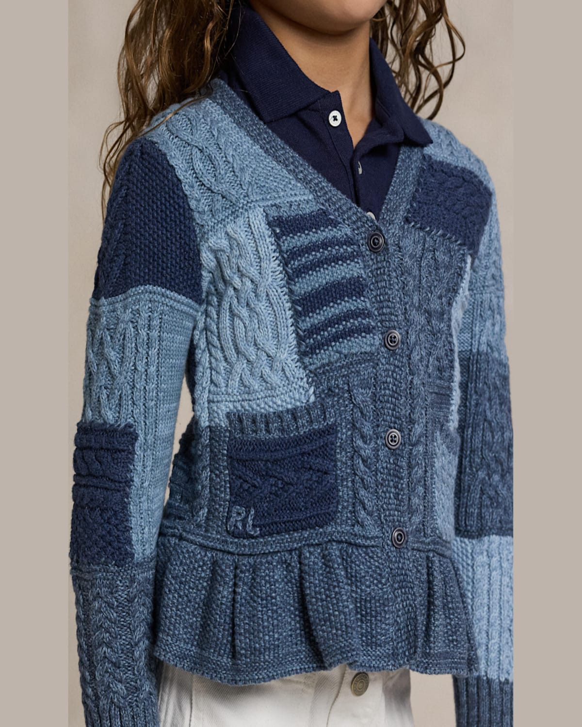Shop Ralph Lauren Girl's Cotton Patchwork Cardigan Sweater In Blue Heather Multi
