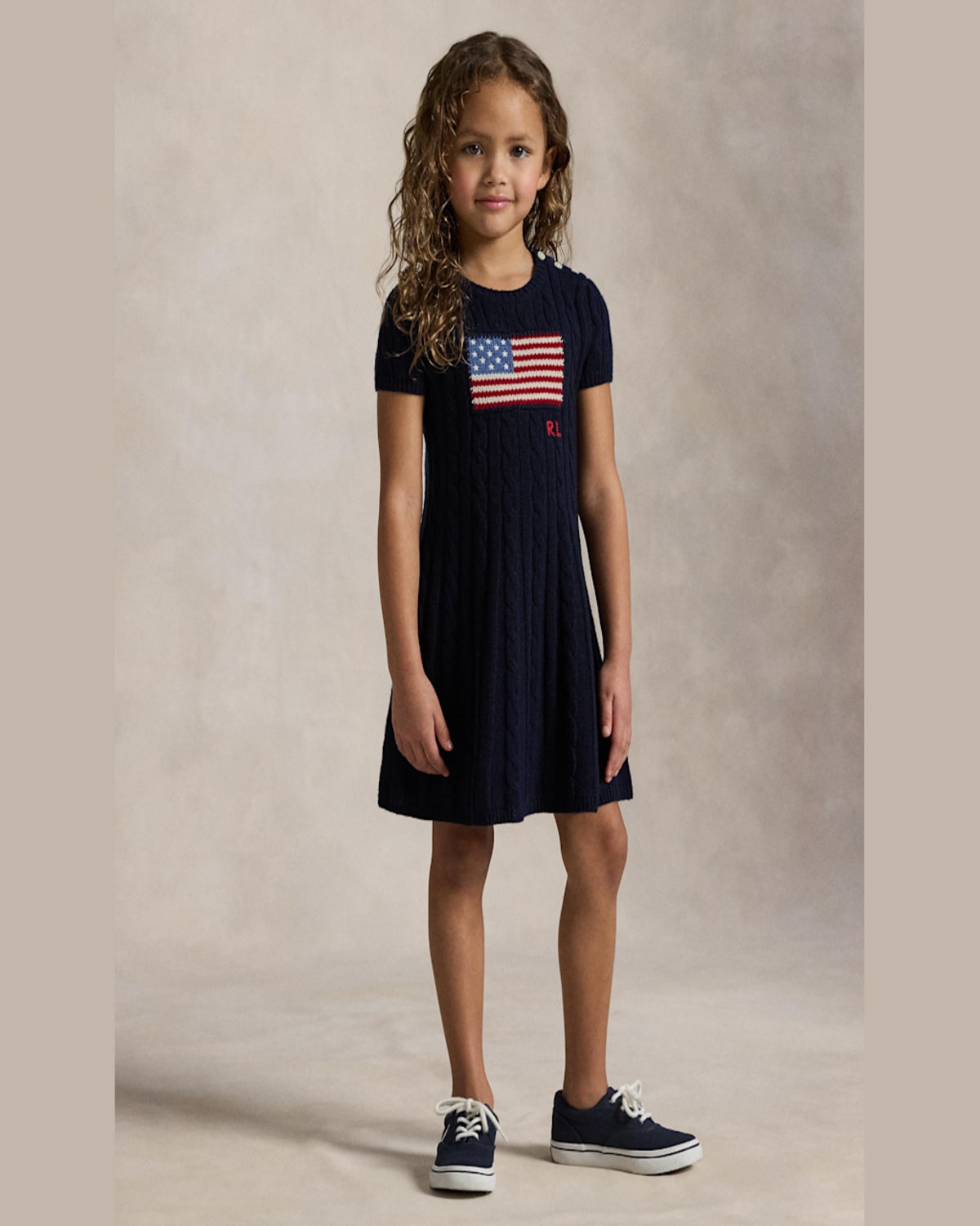 Ralph Lauren Girl's American Flag Cashmere Cable Knit Dress In Refined Navy Multi